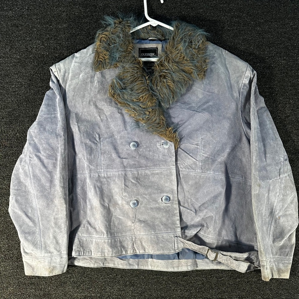 Outbrook Suede Jacket Woman 3X Blue Good Faux Fur Collar Double Breasted Belted